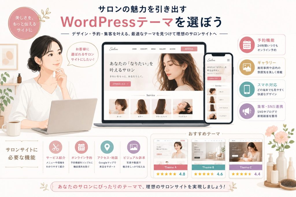 エステ・サロン向けWordPressテーマおすすめ6選｜予約・施術メニュー・スタッフ紹介に強いテーマのアイキャッチ画像