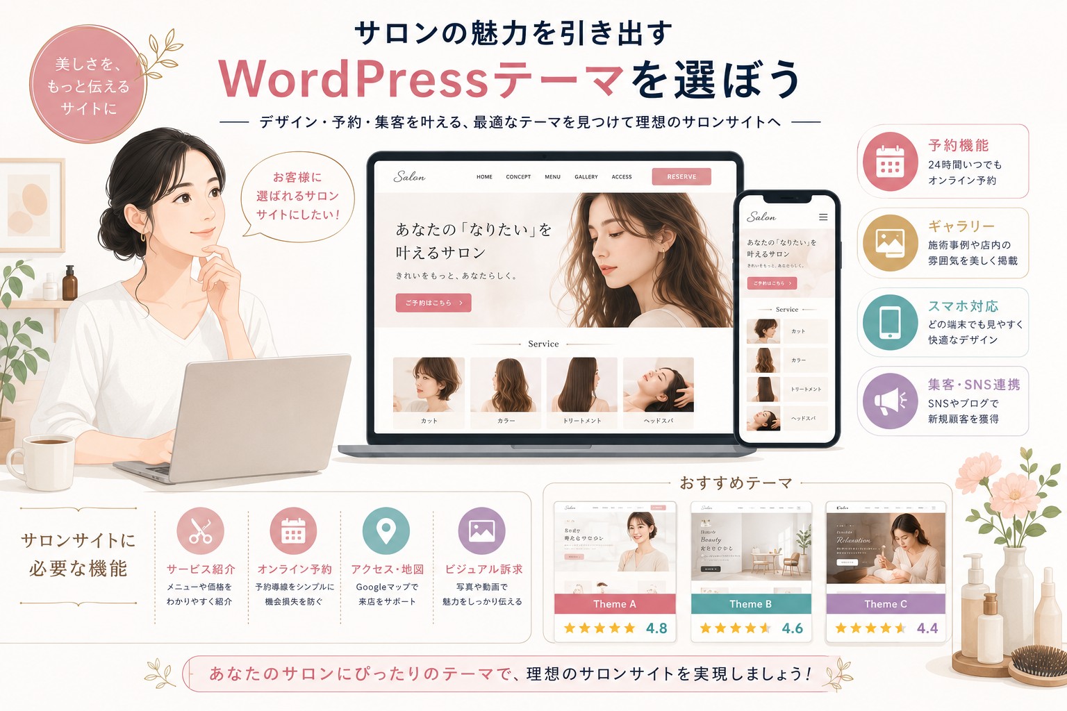 エステ・サロン向けWordPressテーマおすすめ6選｜予約・施術メニュー・スタッフ紹介に強いテーマのアイキャッチ画像