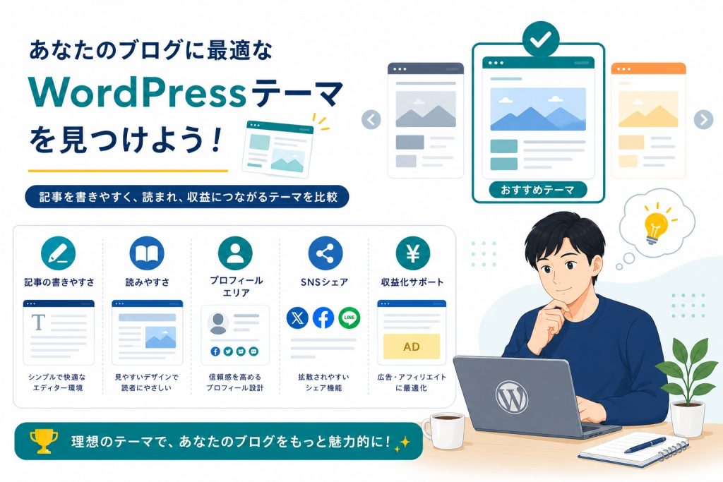 【2026】ブログ用WordPressテーマおすすめ7選｜無料・シンプル別に厳選のアイキャッチ画像