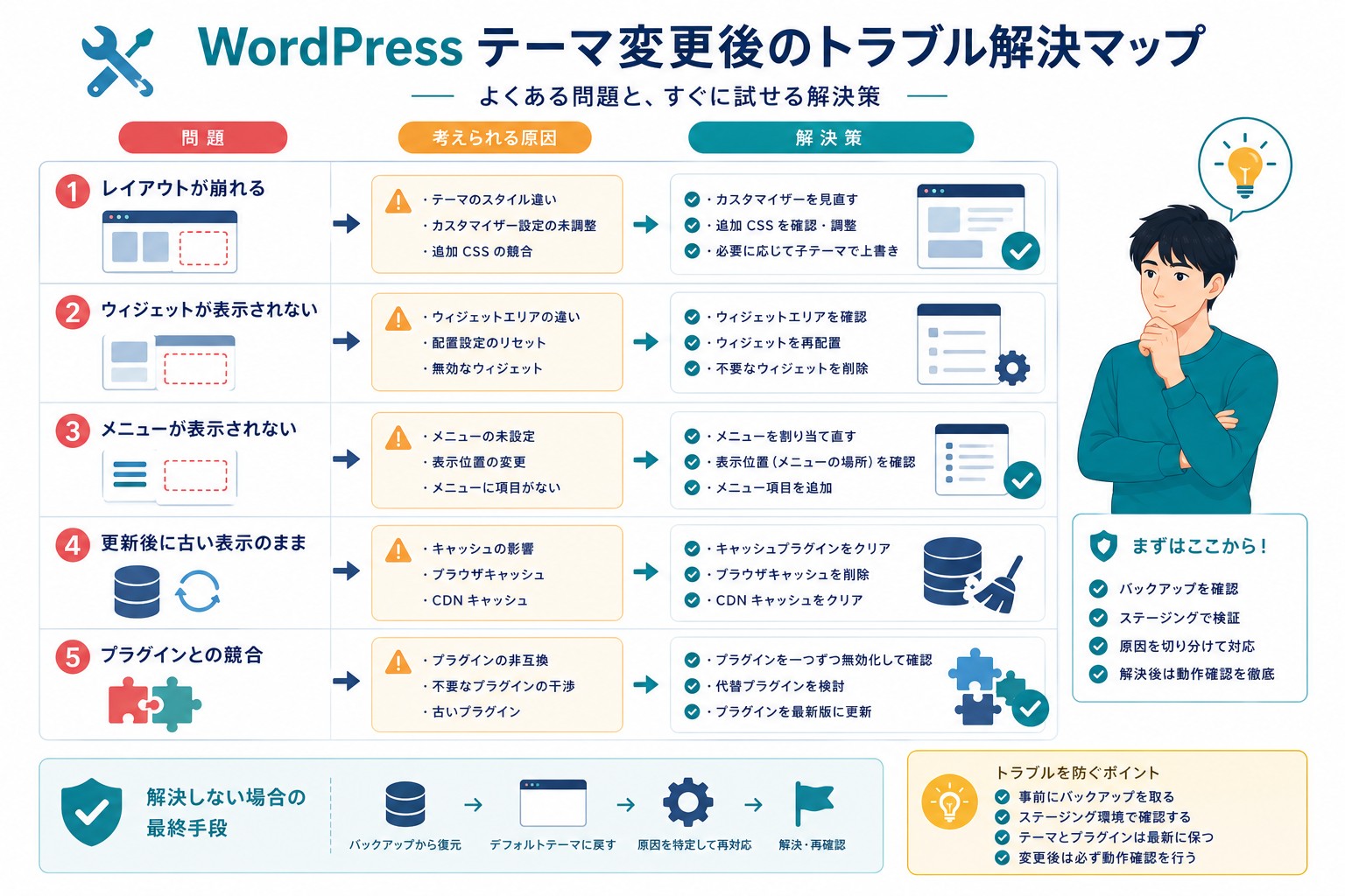WordPressテーマ変更のトラブル対策画像