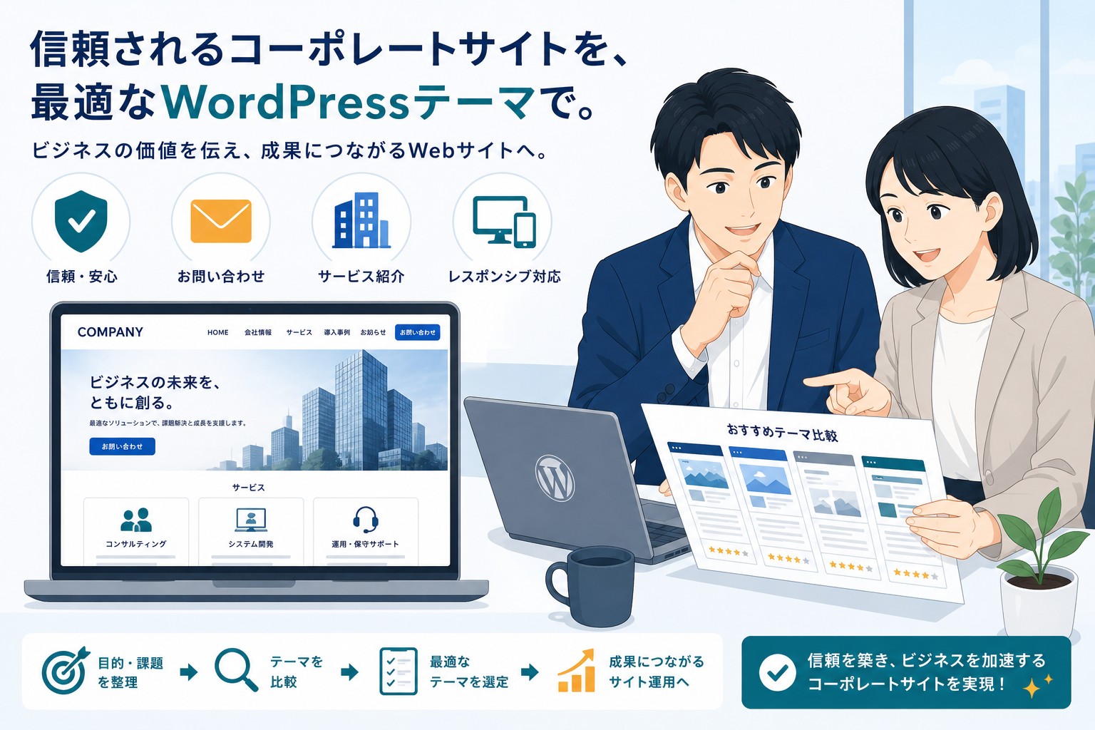 【2026】企業・コーポレートサイト向けWordPressテーマおすすめ8選|無料・採用対応ものアイキャッチ画像