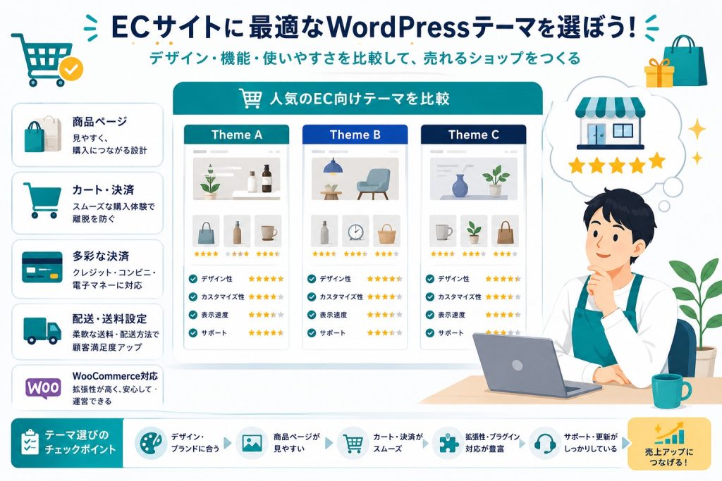 【2026】ECサイト用WordPressテーマおすすめ5選｜WooCommerce対応で厳選のアイキャッチ画像