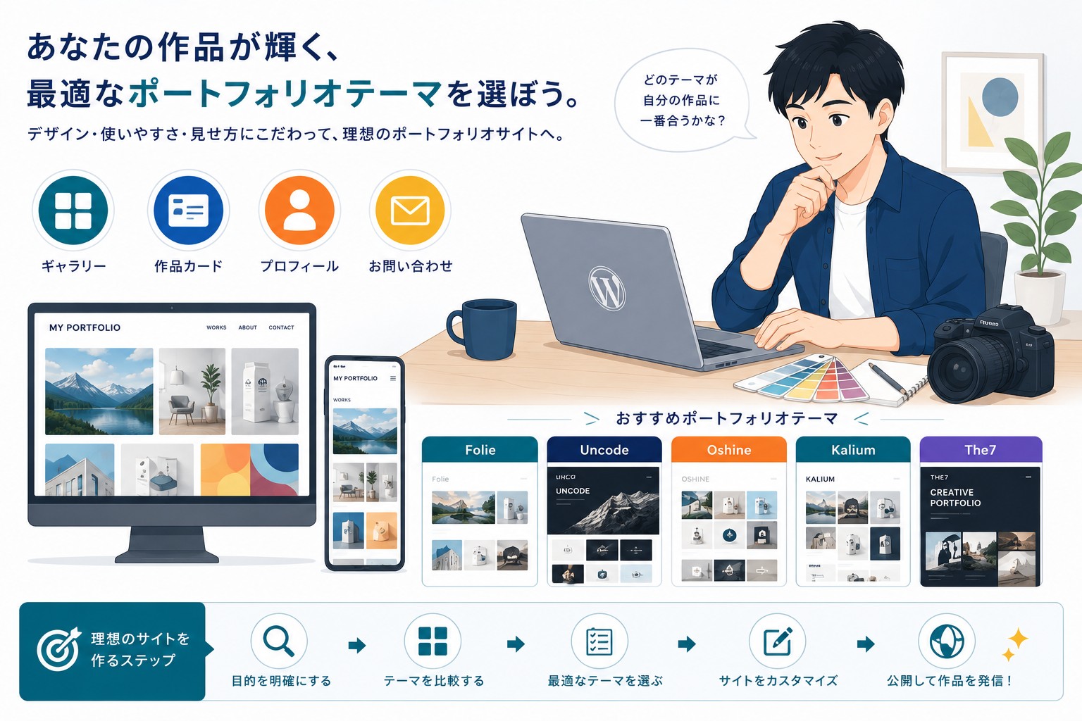 【無料あり】ポートフォリオ用WordPressテーマ7選｜日本語対応・職種別の選び方のアイキャッチ画像