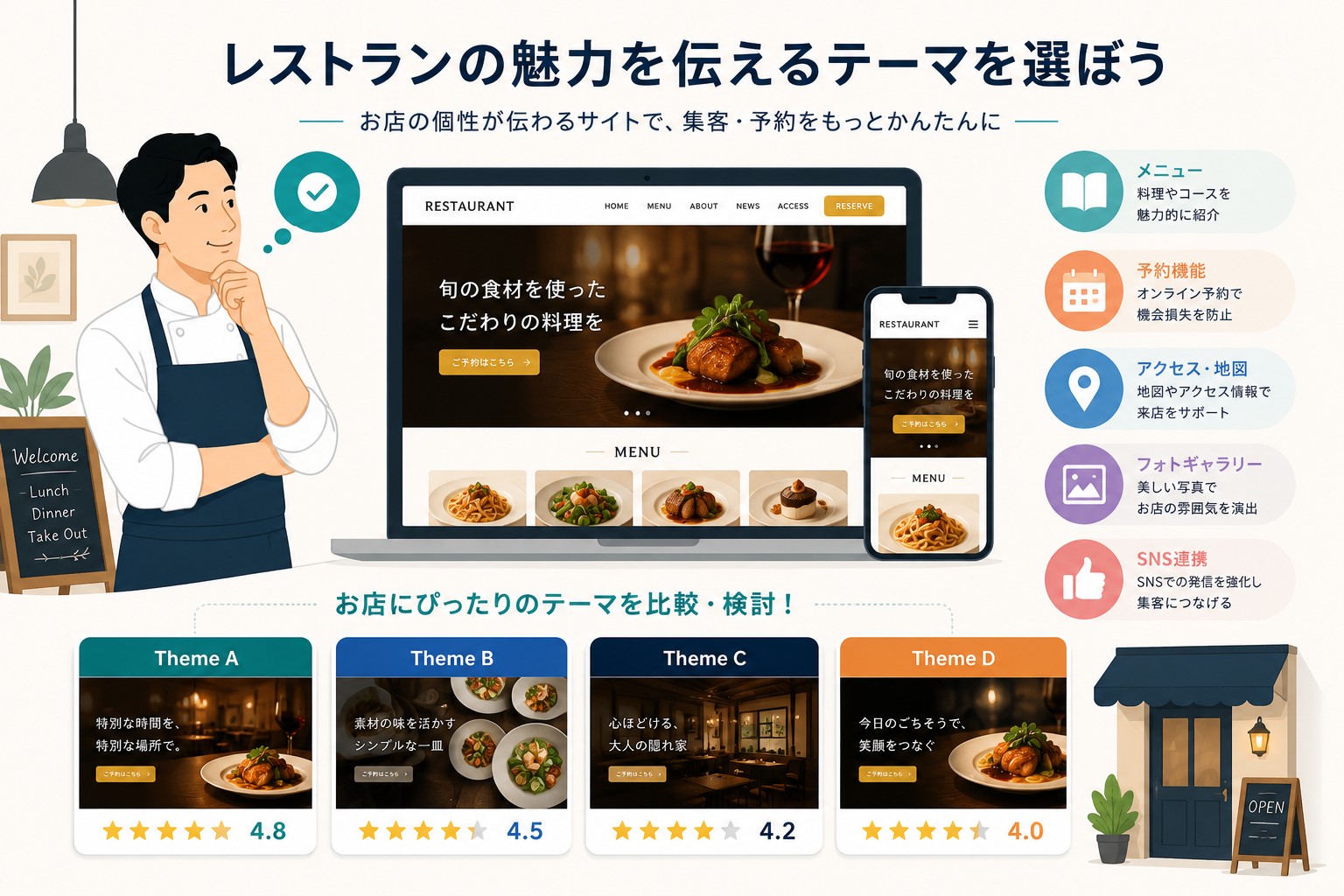 飲食店向けWordPressテーマおすすめ7選|予約・メニュー・地図に強いテーマを厳選【無料あり】のアイキャッチ画像